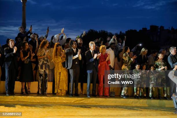 Pietro Beccari, Zendaya, Beyonce, Jay Z, and Bernard Arnault at the Louis Vuitton Spring 2024 Menswear Collection Runway Show on June 20, 2023 in...