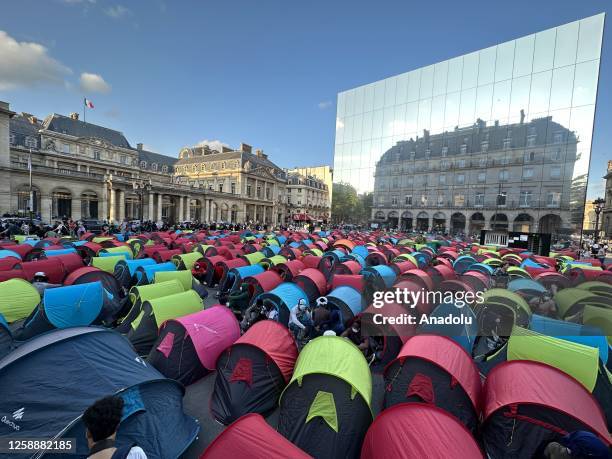 Homeless immigrants set up tents to protest on World Refugee Day in Paris, France on June 20, 2023. The French police dispersed the protest held for...