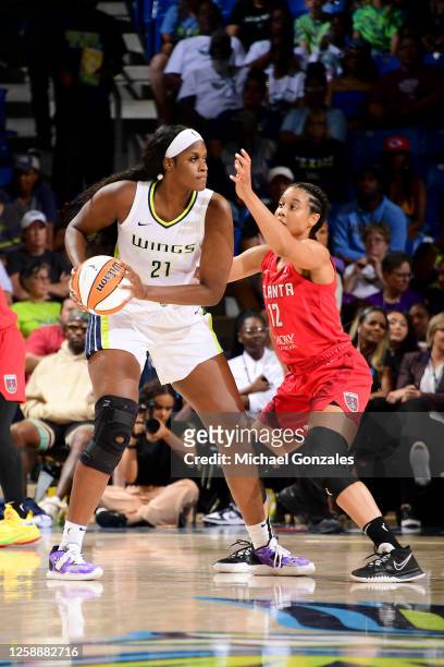 Kalani Brown of the Dallas Wings handles the ball during the game against the Atlanta Dream on June 20, 2023 at the College Park Center in Arlington,...