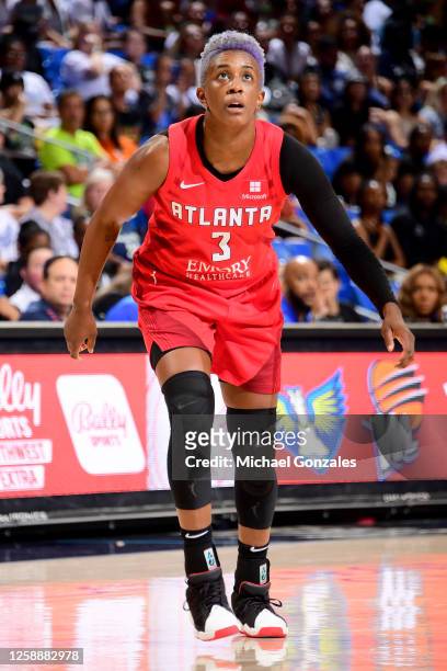 Danielle Robinson of the Atlanta Dream looks on during the game against the Dallas Wings on June 20, 2023 at the College Park Center in Arlington,...