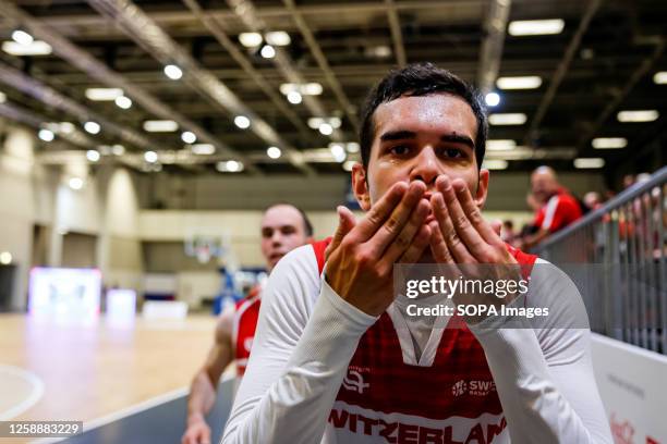 Basketball athlete from Switzerland cheers after winning a match during the Special Olympics Summer World Games Berlin 2023 in Messe conference...