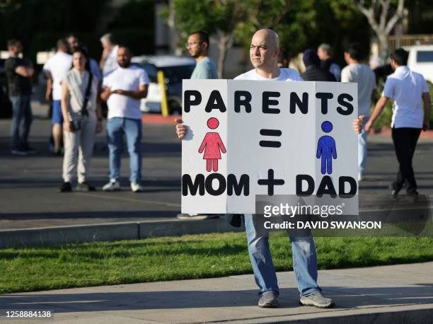 Person holds a sign as protesters gather outside the Glendale Unified School District headquarters in Glendale, California, on June 20, 2023. Over...