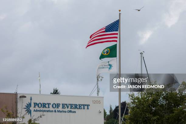 The American, Washington State, and Port of Everett flags are displayed at the Port of Everett Boat Yard, where OceanGate is a tenant, in Everett,...