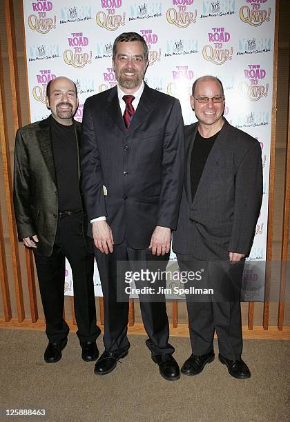 Composer David Krane, Director Phillip George, Composer Stephen Cole and Bob Richard attend the Off-Broadway opening night of "The Road to Qatar" at...