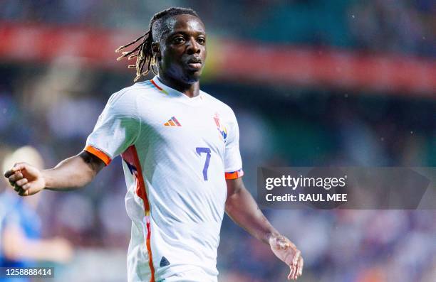 Belgium's forward Jeremy Doku reacts during the UEFA Euro 2024 group F qualification football match between Estonia and Belgium in Tallinn on June...