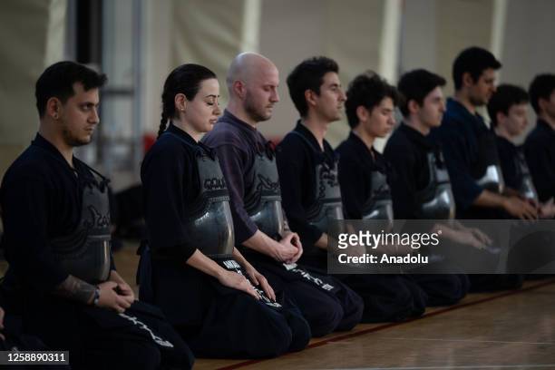 Group of people wearing special armor practice kendo, which is a Japanese swordsmanship art in Ankara, Turkiye on June 17, 2023. Kendo, descended...
