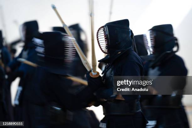 Group of people wearing special armor practice kendo, which is a Japanese swordsmanship art in Ankara, Turkiye on June 17, 2023. Kendo, descended...