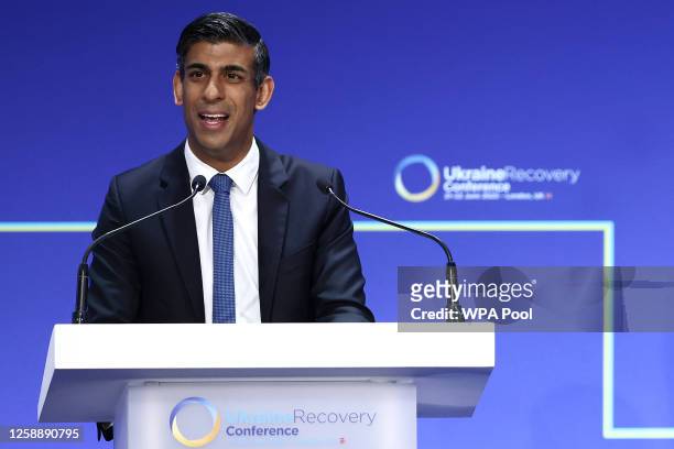 Prime Minister Rishi Sunak delivers a speech at the opening session on the first day of the Ukraine Recovery Conference at InterContinental London O2...