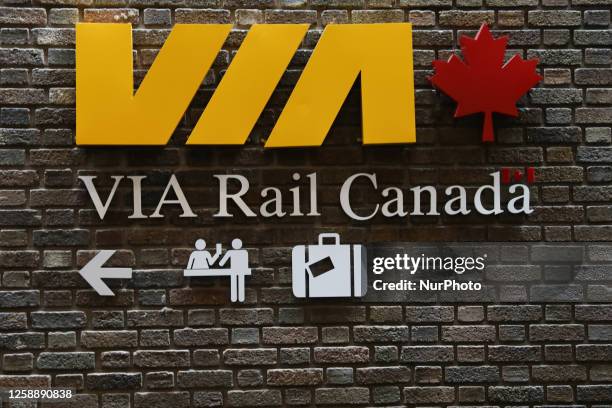 Rail Canada logo is seen at the train station in Quebec City, Canada on June 14, 2023.