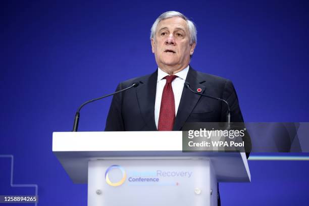 Italy's Foreign Minister Antonio Tajani addresses the opening session on the first day of the Ukraine Recovery Conference at InterContinental London...