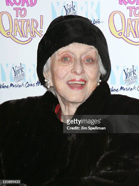 Actress Celeste Holm attends the Off-Broadway opening night of "The Road to Qatar" at The York Theatre at Saint Peter?s on February 3, 2011 in New...