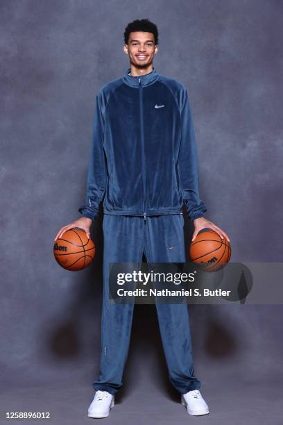 Victor Wembanyama poses for a portrait during media availability and circuit as part of the 2023 NBA Draft on June 21, 2023 at the Westin Times...