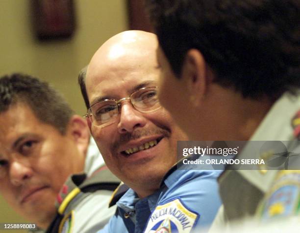 Nicaraguan National Police Chief Carlos Bendada flanked by his Honduran counterpart Coralia Rivera de Coca , and deputy chief Jonathan Varela ,...