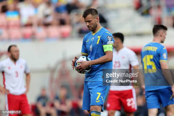 Andriy Yarmolenko captain of Ukraine, about to take a penalty kick during the UEFA EURO 2024 European qualifying soccer match between Ukraine and...