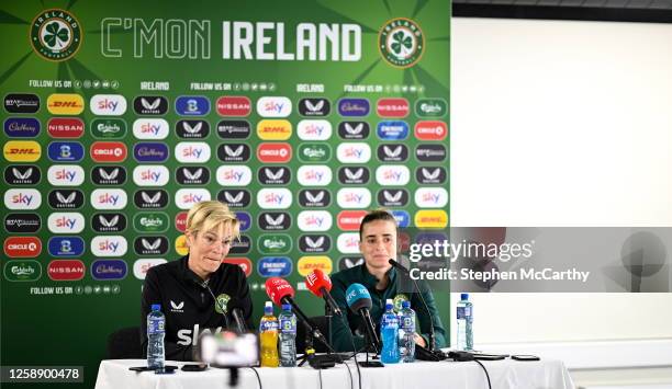 Dublin , Ireland - 21 June 2023; Manager Vera Pauw and Chloe Mustaki during a Republic of Ireland women press conference at Tallaght Stadium in...