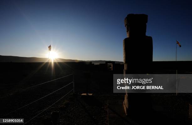 The sun rises on the winter solstice, which marks the New Year of the Andean Indigenous people who celebrate the beginning of the year 5531, as seen...