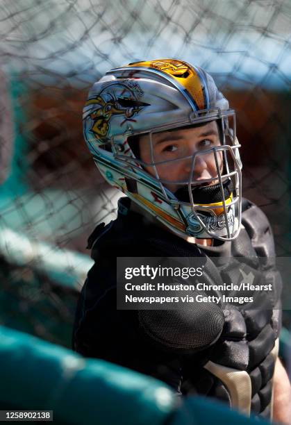 Catcher Koby Clemens in the batting cage during workouts with the Sugar Land Skeeters on the first day of spring training at Constellation Field,...