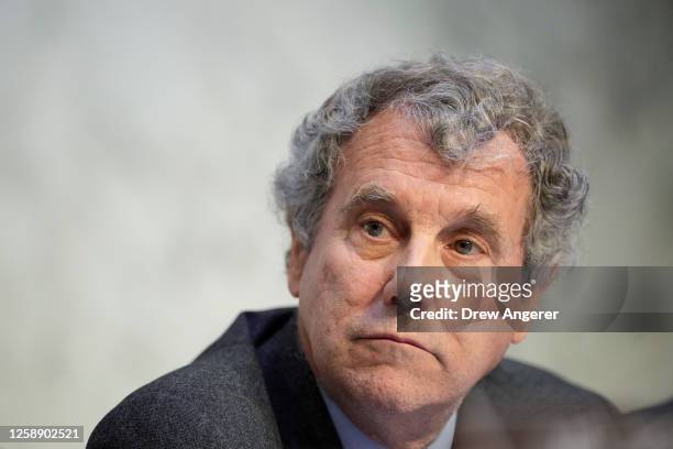 Committee chairman Sen. Sherrod Brown listens during a Senate Banking nominations hearing on June 21, 2023 in Washington, DC. The committee heard...