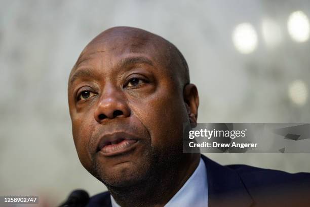 Committee ranking member Sen. Tim Scott speaks during a Senate Banking nominations hearing on June 21, 2023 in Washington, DC. The committee heard...