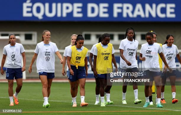 France's women's team players gather during a training session in Clairefontaine-en-Yvelines, on June 21 as part of the team's preparation for the...