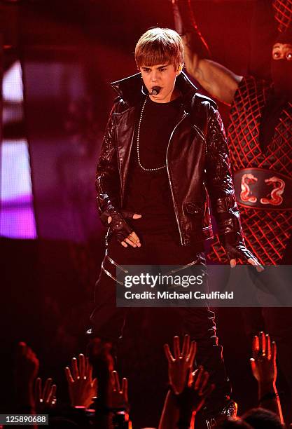 Singer Justin Bieber performs onstage during The 53rd Annual GRAMMY Awards held at Staples Center on February 13, 2011 in Los Angeles, California.