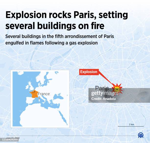 An infographic titled âExplosion rocks Paris, setting several buildings on fire" created in Ankara, Turkiye on June 21, 2023. Several buildings in...