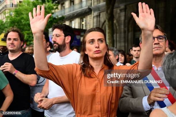 Europe-Ecologie-Les Verts French National Secretary Marine Tondelier gestures during a rally to support the environmental movement "Les Soulevements...