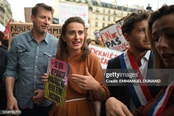 S MEP Yannick Jadot , Europe-Ecologie-Les Verts French National Secretary Marine Tondelier and EELV's MP Julien Bayou attend a rally to support the...