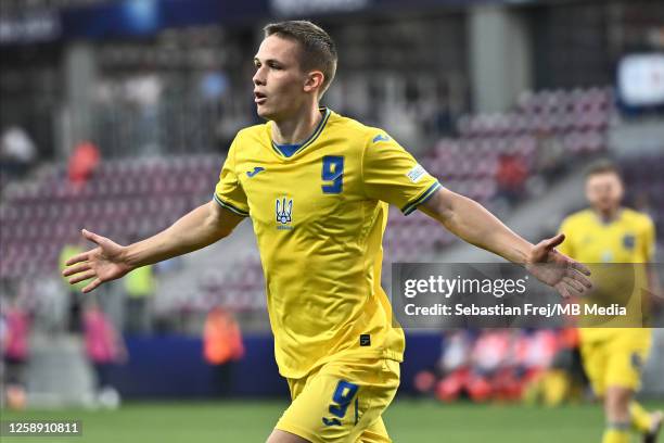 Danylo Sikan of Ukraine celebrates the first goal during the UEFA Under-21 Euro 2023 Group B match between Ukraine and Croatia at Stadium...