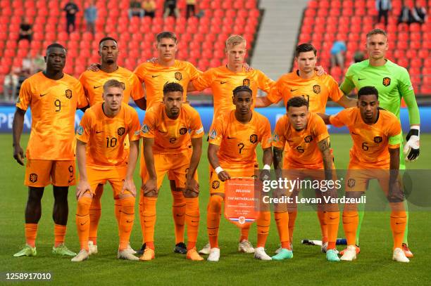 Netherlands U21 team poses for the team photo during the UEFA Under-21 Euro 2023 match between Belgium U21 and Netherlands U21 at the Mikheil Meskhi...