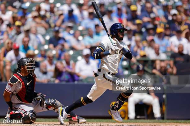 Milwaukee Brewers right fielder Raimel Tapia bats during an MLB game against the Arizona Diamondbacks on June 21, 2023 at American Family Field in...