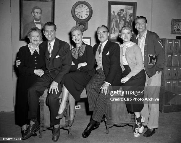 Our Miss Brooks. A CBS television situation comedy. January 1, 1953. Left to right, Jane Morgan ; Robert Rockwell ; Eve Arden ; Gale Gordon ; Gloria...