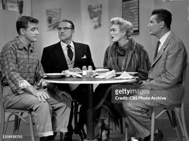Our Miss Brooks. A CBS television situation comedy. January 1, 1953. Left to right, Richard Crenna ; Gale Gordon ; Eve Arden and Robert Rockwell .