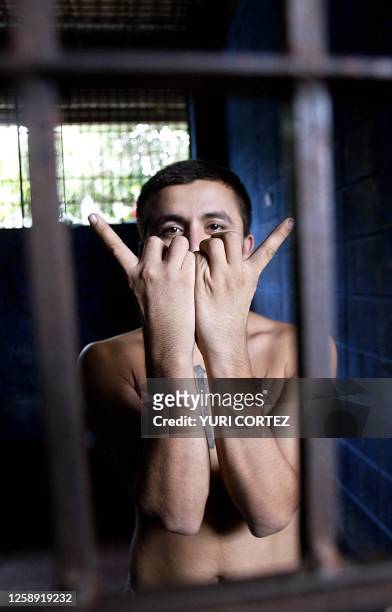 Mara Salvatrucha" gang member makes a typical identification signal among them while is showed by the police to the press in a prison in Soyapango,...