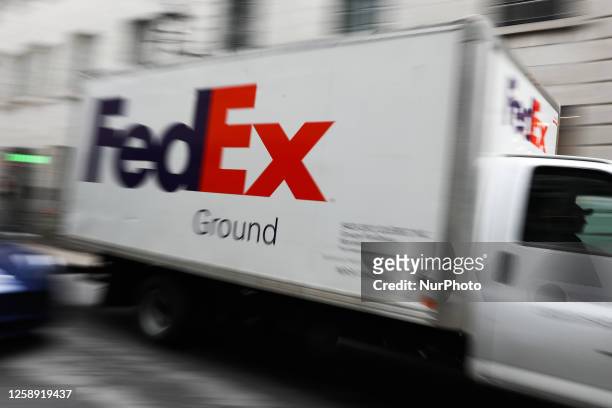 FedEx car drives the street in Montreal, Canada on June 13, 2023.