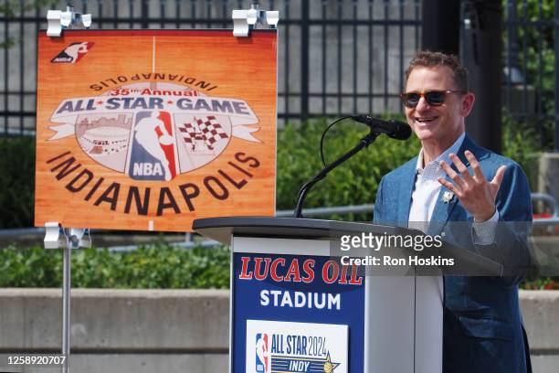 Steve Simon of the Indiana Pacers speaks during the NBA All-Star 2024 Host Committee announcement that State Farm All-Star Saturday Night will be...