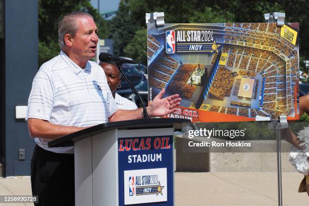 Rick Fuson of the Indiana Pacers speaks during the NBA All-Star 2024 Host Committee announcement that State Farm All-Star Saturday Night will be held...