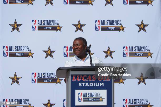 Director Lynn Rogers of Children and Youth Services at Concord Neighborhood Center in Indianapolis speaks as part of the NBA All-Star 2024 Host...