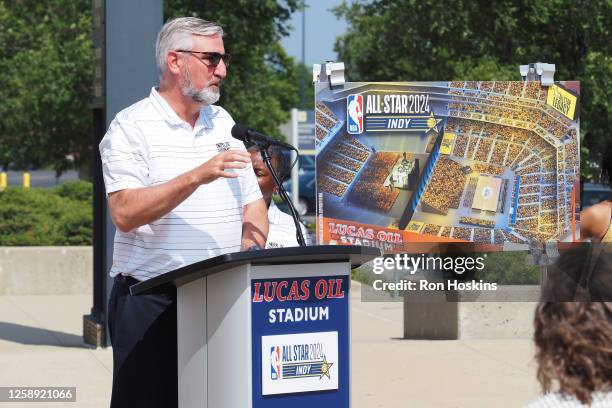 Governor Eric J. Holcomb of Indiana speaks during the NBA All-Star 2024 Host Committee announcement that State Farm All-Star Saturday Night will be...