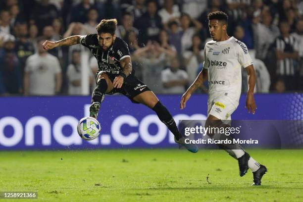 Yuri Alberto of Corinthians scores the team's first goal during the match between Santos and Corinthians as part of Brasileirao Series A 2023 at Vila...