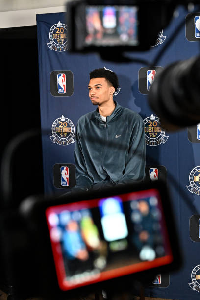 Victor Wembanyama talks to the media during 2023 NBA Draft week on June 21st, 2023 in New York City, New New York. NOTE TO USER: User expressly...