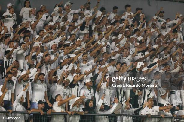 Fans of Santos react during the match between Santos and Corinthians as part of Brasileirao Series A 2023 at Vila Belmiro Stadium on June 21, 2023 in...