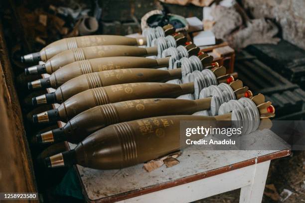 Military ammunition are seen as Ukrainian soldiers from the 35th Brigade fire targets using 120 mm mortar near one of newly captured villages in...