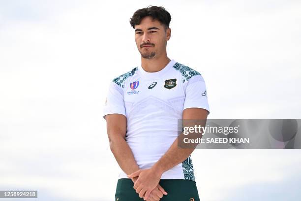 Australia's Jordan Petaia poses during the 2023 Rugby World Cup jersey launch media event in Sydney on June 22, 2023. / -- IMAGE RESTRICTED TO...