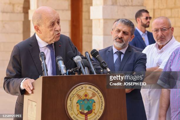 France's new special envoy for Lebanon Jean-Yves Le Drian delivers a press statement after meeting with Lebanon's Christian Maronite Patriarch, in...