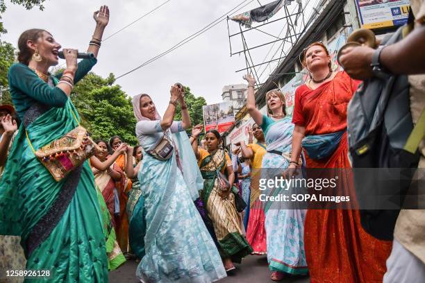 Devotees take part during the festival procession. The International Society for Krishna Consciousness community of Kolkata celebrates the annual...