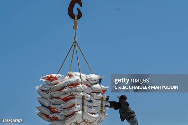 Worker unloads sacks of rice imported from Thailand from a cargo ship at Malahayati Port in Krueng Raya, Indonesia's Aceh province, on June 22, 2023.