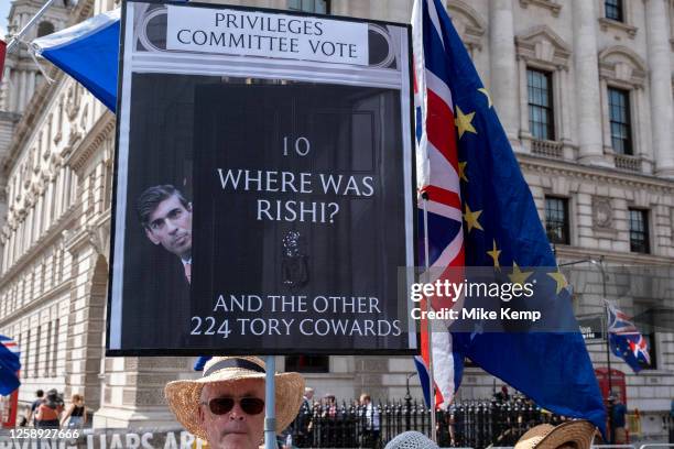 Anti-Brexit protesters continue their campaign against Brexit and the Conservative government in Westminster with a placard which asks where was...