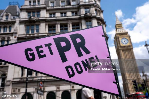 Anti-Brexit protesters continue their campaign against Brexit and the Conservative government with flags that they see as referring to the Tory PR...