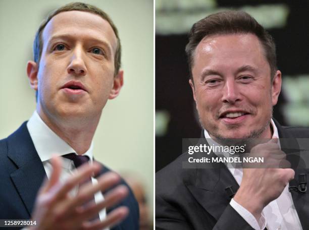 This combination of file photographs created on June 22, 2023 shows SpaceX, Twitter and electric car maker Tesla CEO Elon Musk during his visit at...